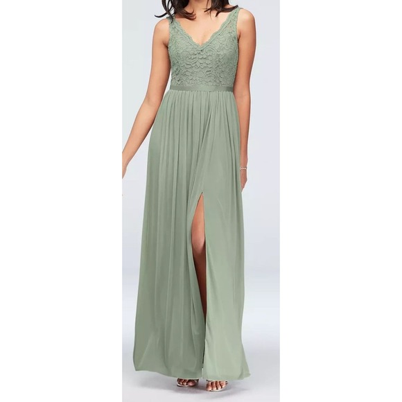 New Davids Bridal Long Lace Mesh Bridesmaid Dress V-Neck Flowy Slit Dusty Sage - Picture 1 of 16